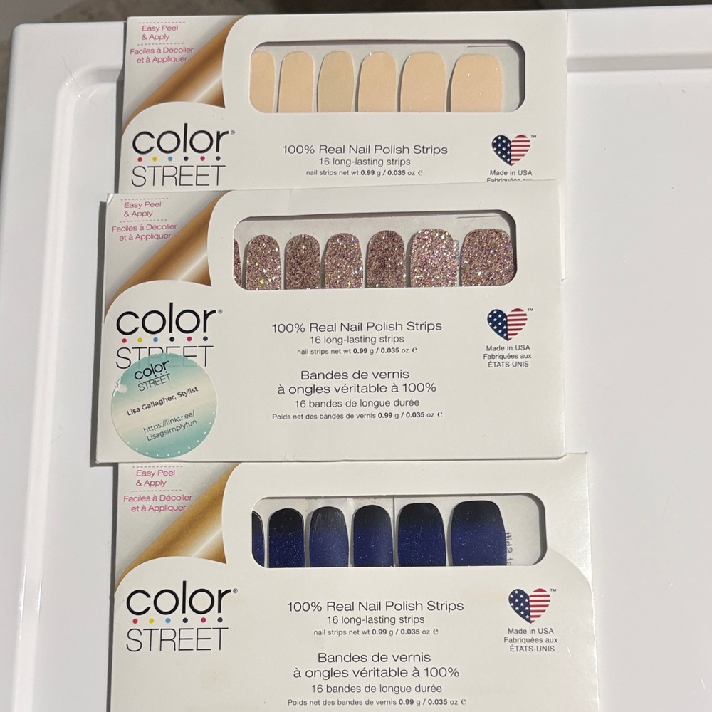 Set of 3- Color Street Nail Polish Strips - Cream, Pink Glitter, Blue